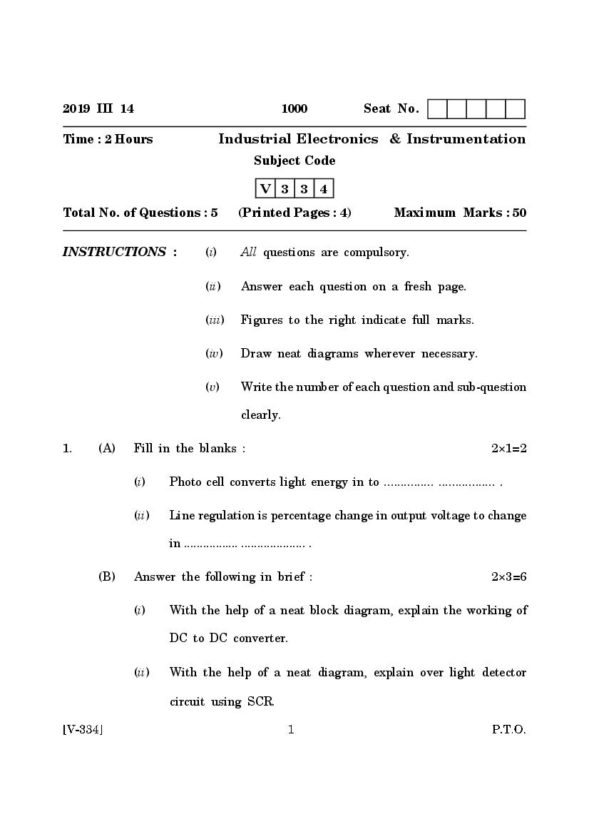 Goa Board Class 12 Question Paper Mar 2019 Industrial Electronics and Instrumentation - Page 1