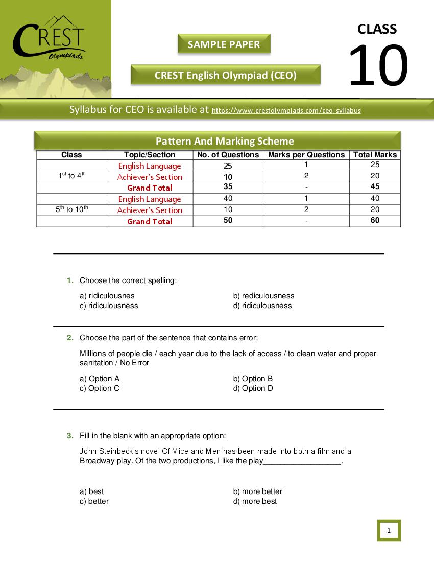 CREST English Olympiad (CEO)  Class 10 Sample Paper - Page 1