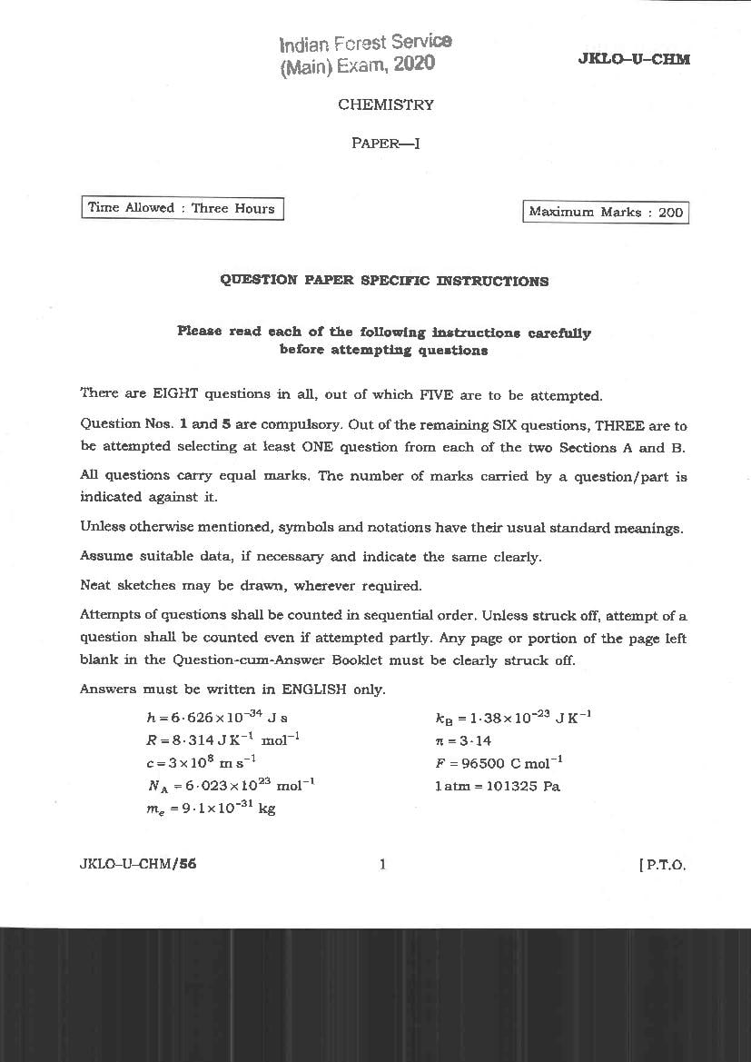 UPSC IFS 2020 Question Paper for Chemistry Paper I - Page 1