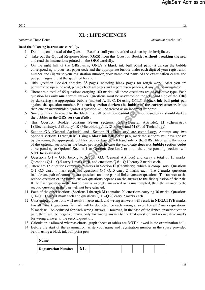 GATE 2012 Question Paper for XL - Life Sciences - Page 1