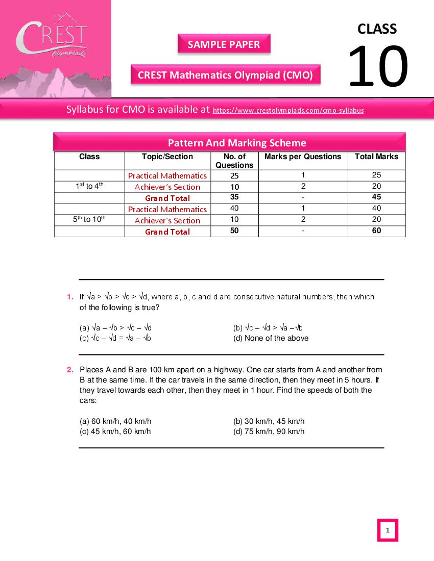 CREST Mathematics Olympiad (CMO) Class 10 Sample Paper - Page 1 of 5