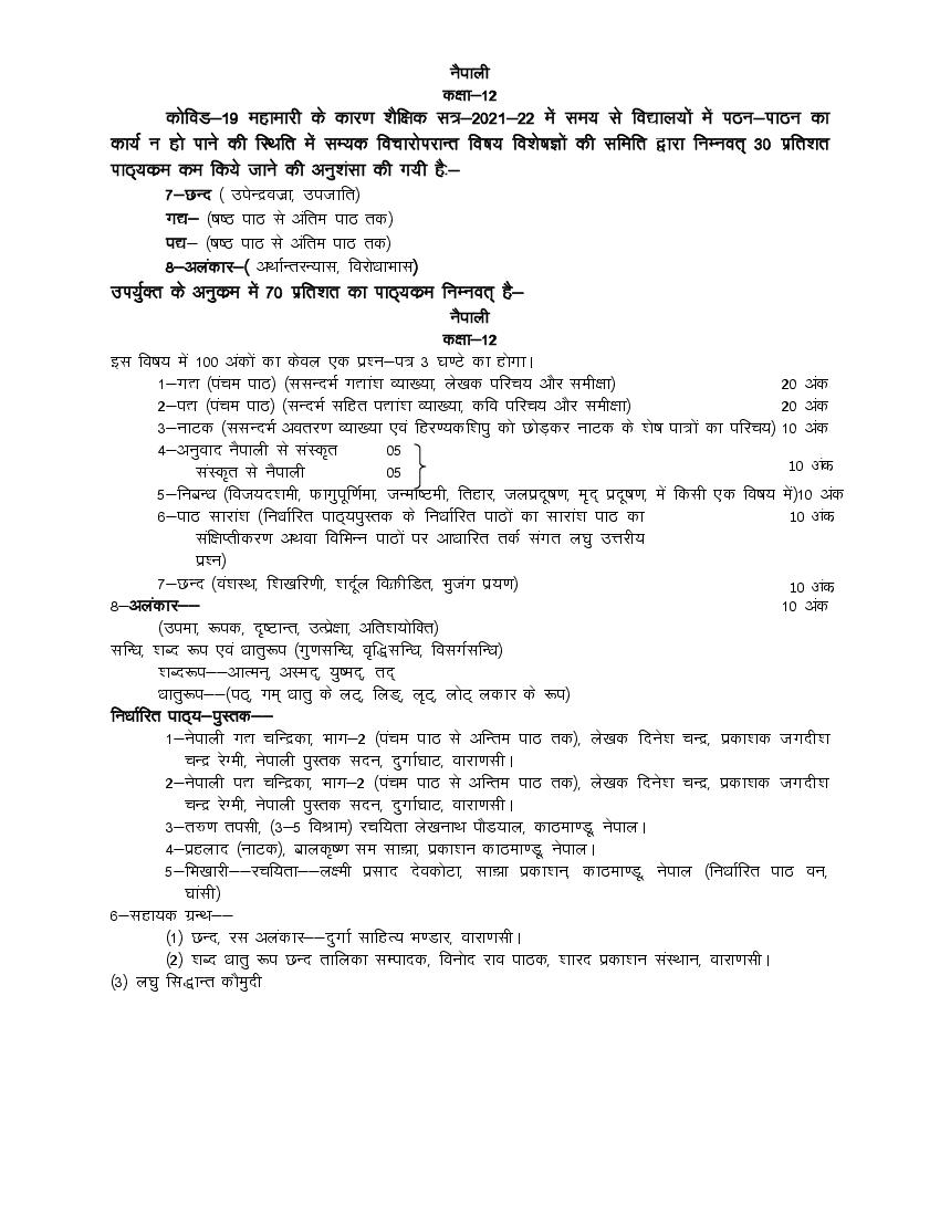 UP Board Class 12 Syllabus 2022 Nepali - Page 1
