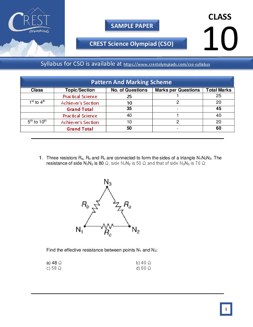 CREST Science Olympiad (CSO) Class 10 Sample Paper - Page 1