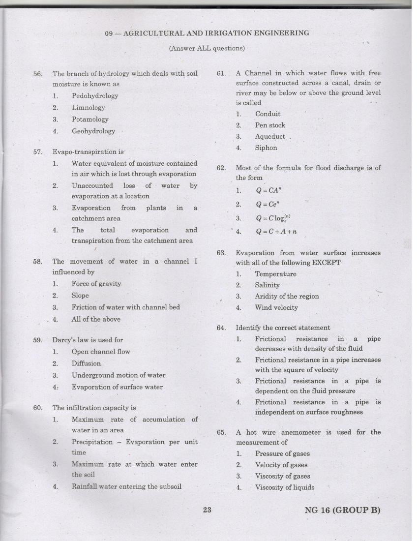 TANCET 2016 Question Paper for Agricultural and Irrigation Engineering - Page 1
