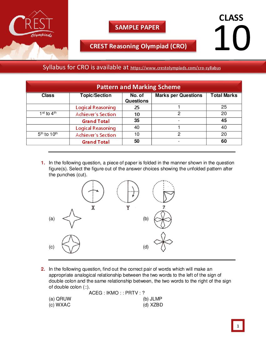 CREST Reasoning Olympiad (CRO) Class 10 Sample Paper - Page 1