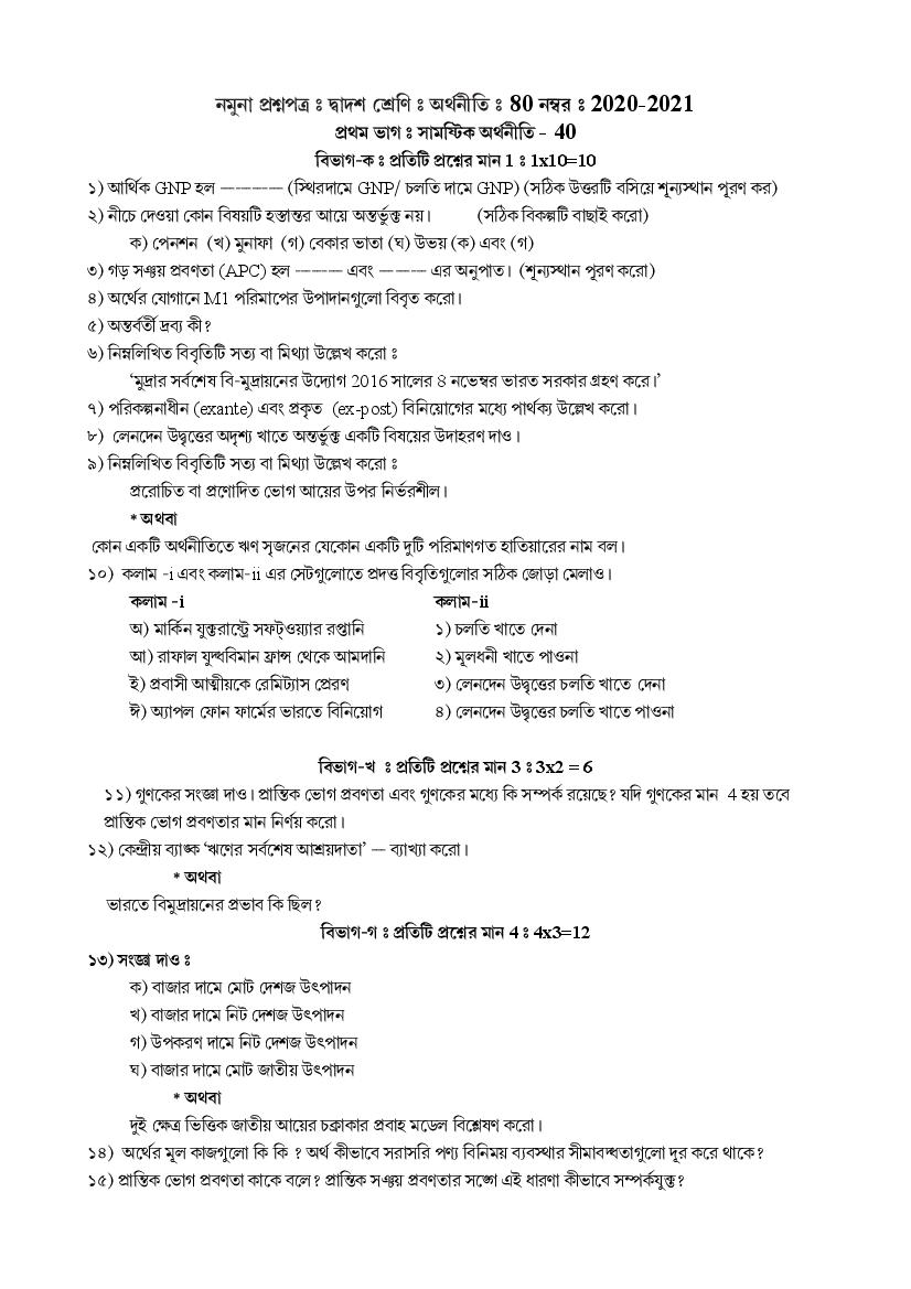 TBSE Class 12 Model Question Paper 2021 Economics - Page 1