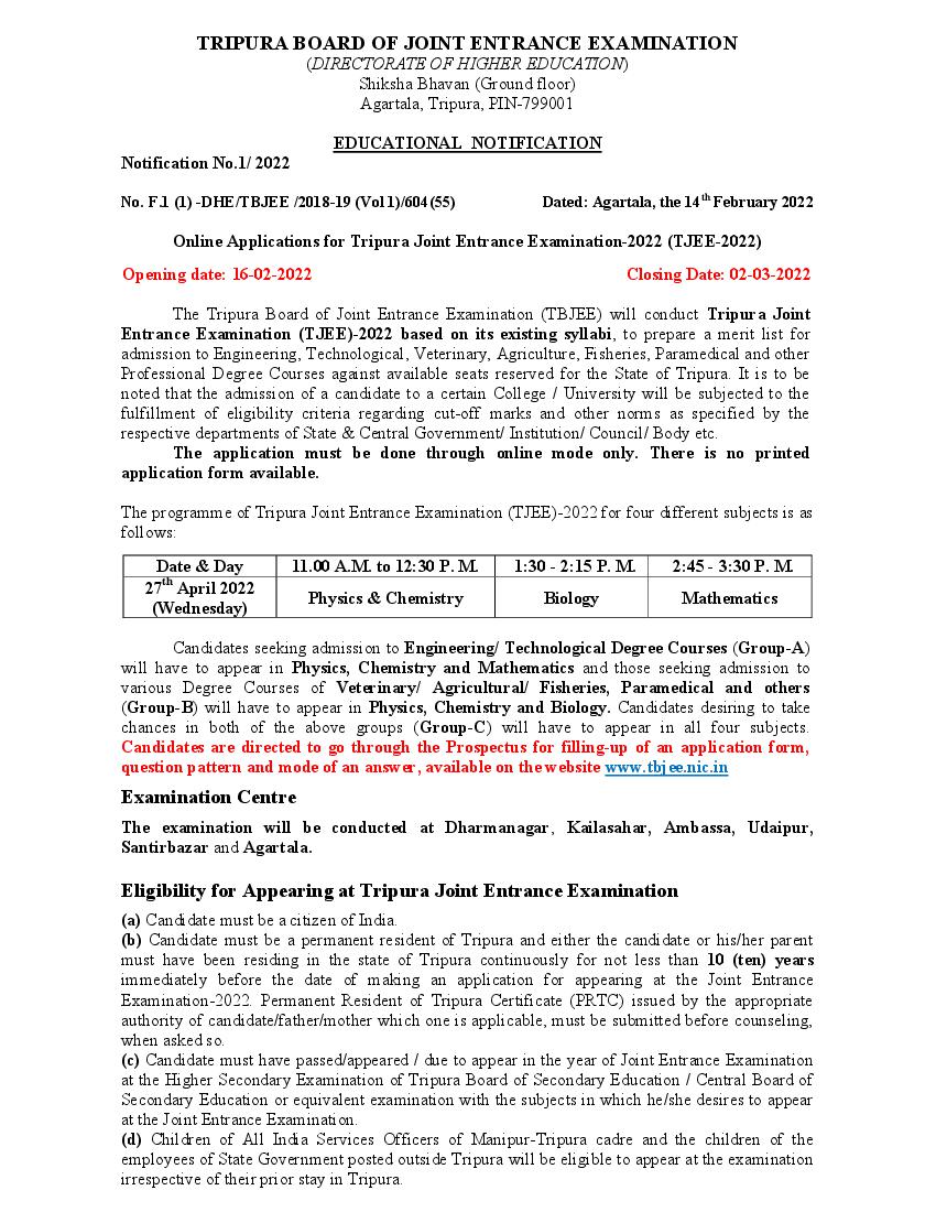 TJEE 2022 Notification - Page 1
