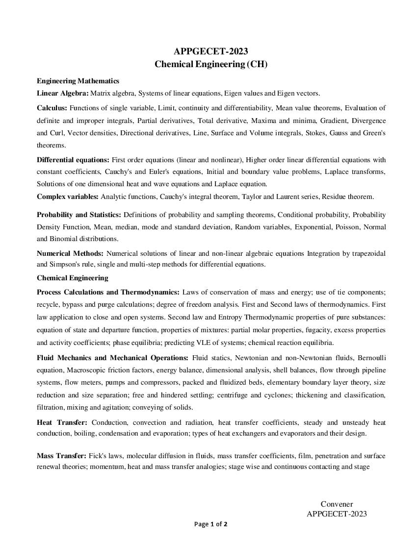 AP PGECET 2023 Syllabus for Chemical Engineering - Page 1