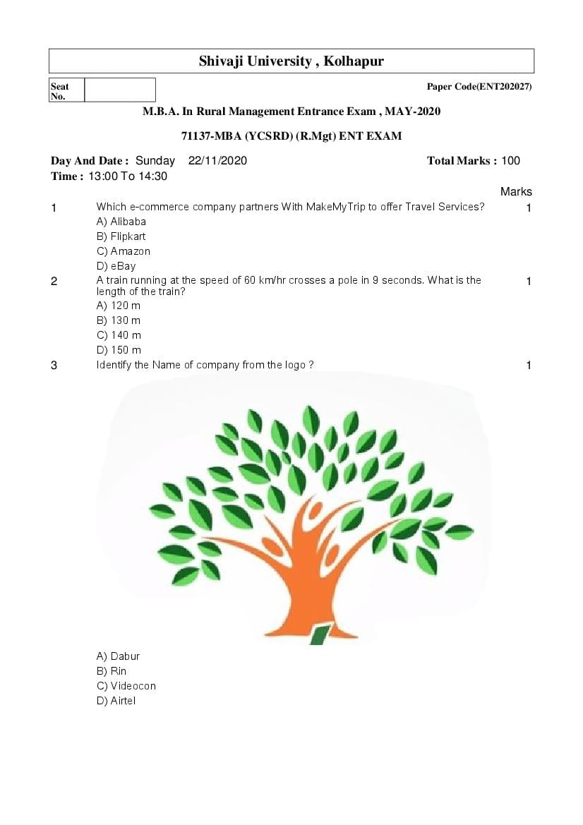 Shivaji University Entrance Exam 2020 Question Paper MBA In Rural Management - Page 1