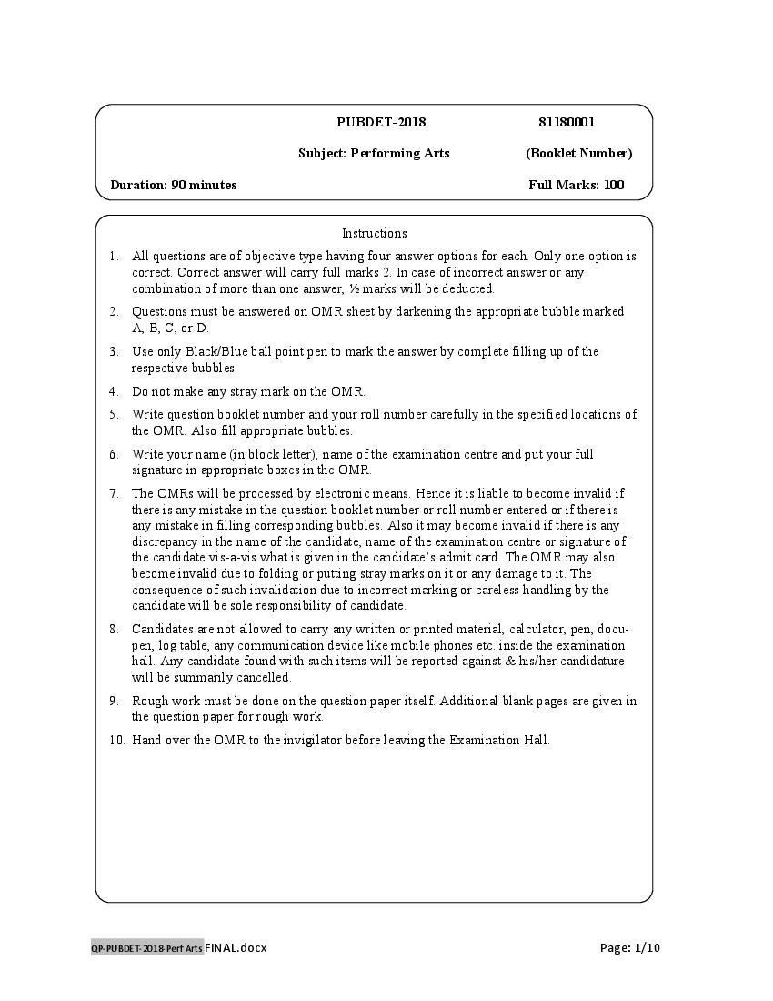 PUBDET 2018 Question Paper Performing Arts - Page 1