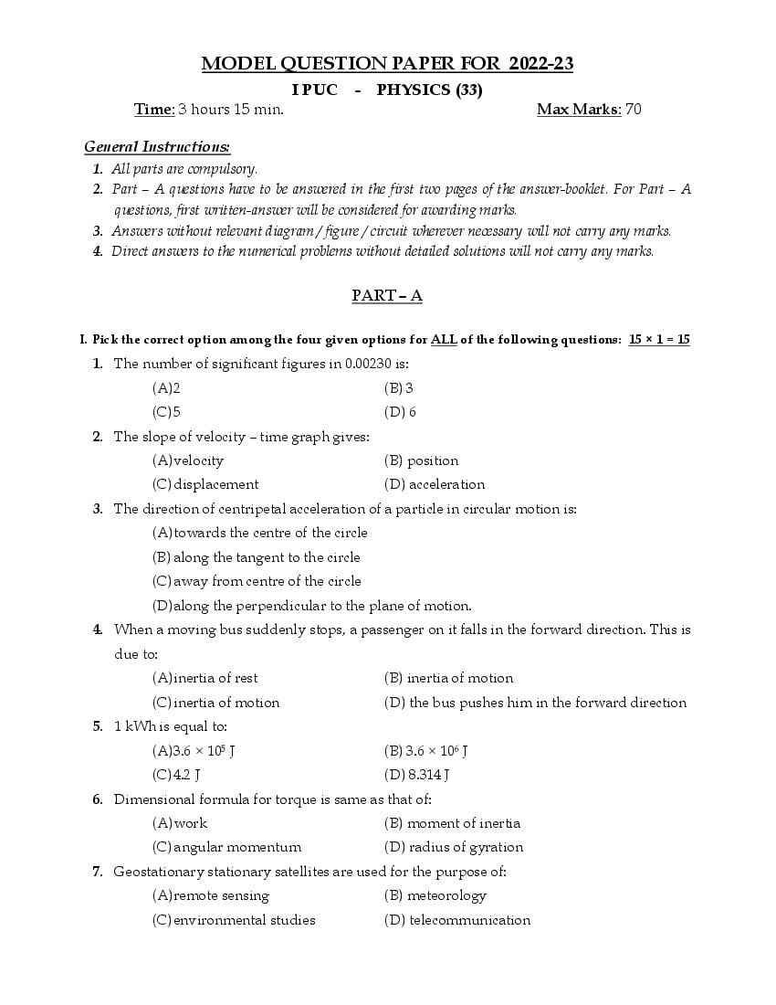 Karnataka 1st PUC Physics Model Paper 2024 PDF NCERT Expert