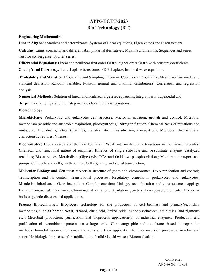 AP PGECET 2023 Syllabus for Bio-Technology - Page 1