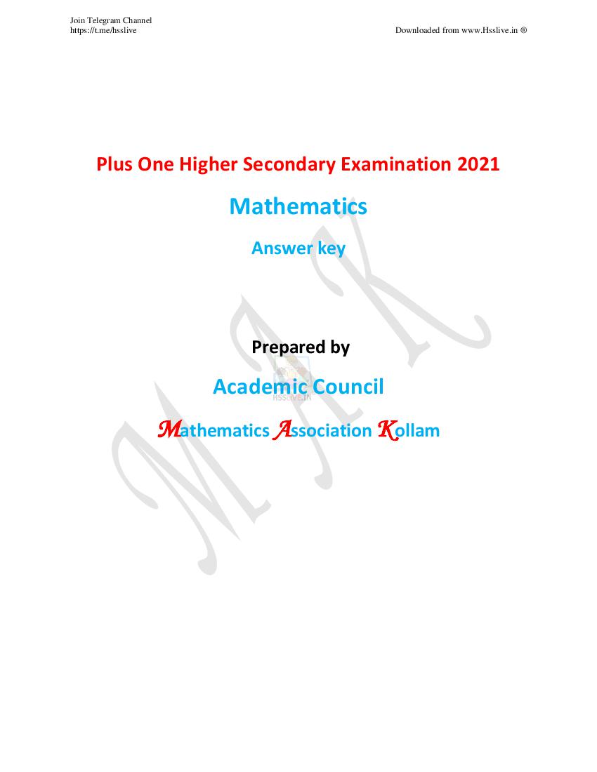 Kerala Plus One 2021 Answer Key for Mathematics by MAK - Page 1