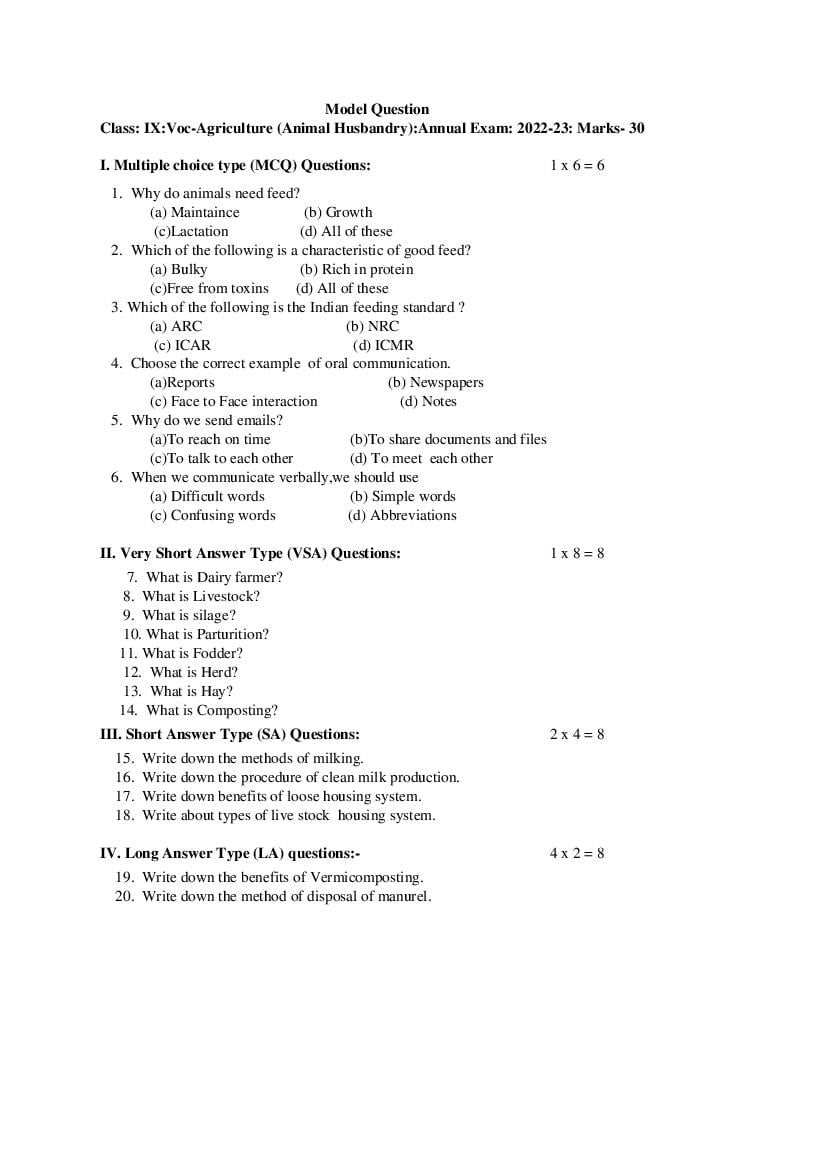 TBSE Class 9 Sample Paper 2023 Vocational - Page 1