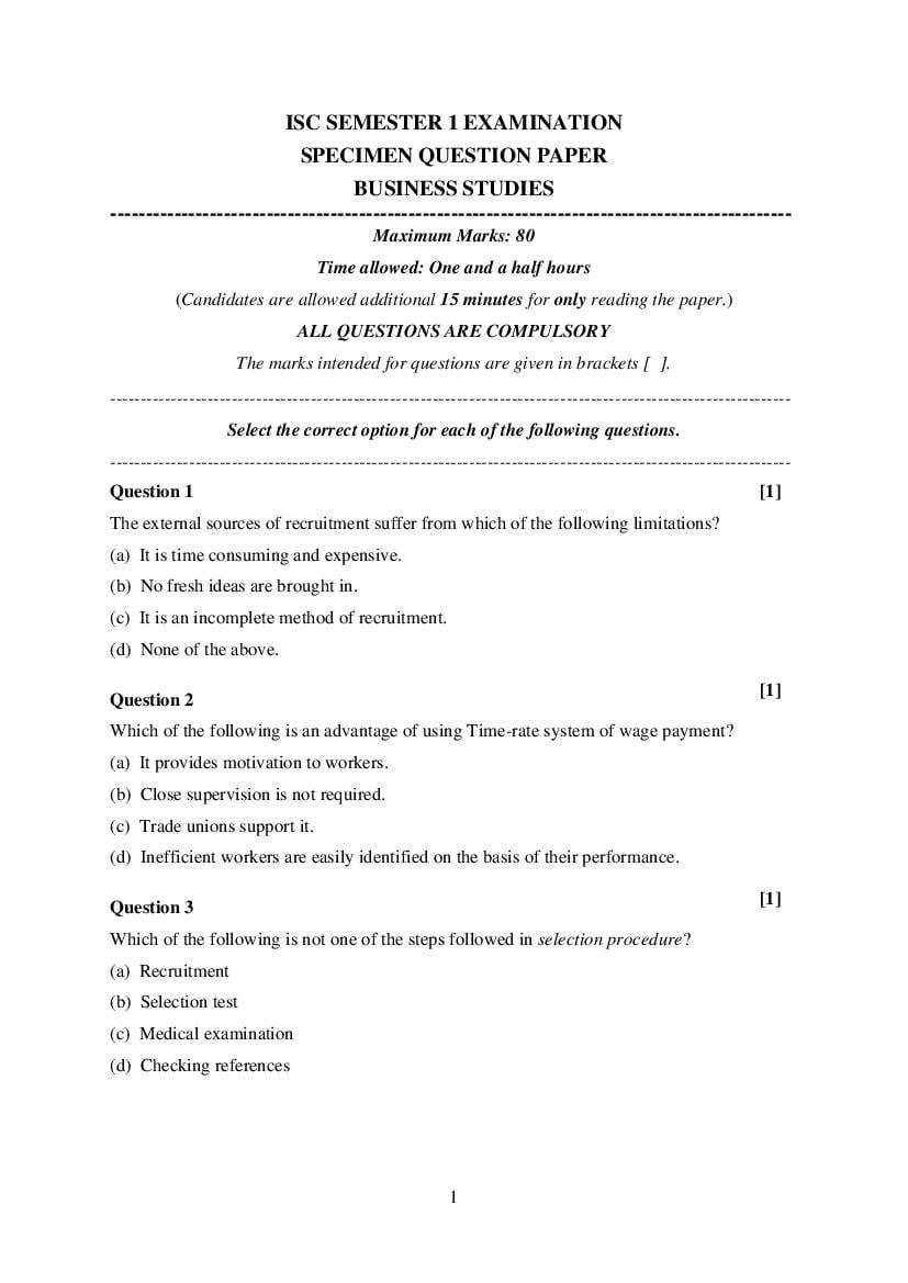ISC Class 12 Specimen Paper 2022  Business Studies Semester 1 - Page 1