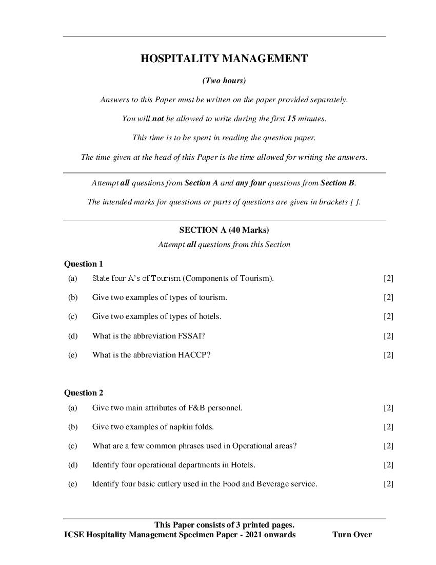 ICSE Class 10 Specimen Paper 2021 Hospitality Management - Page 1 of 3
