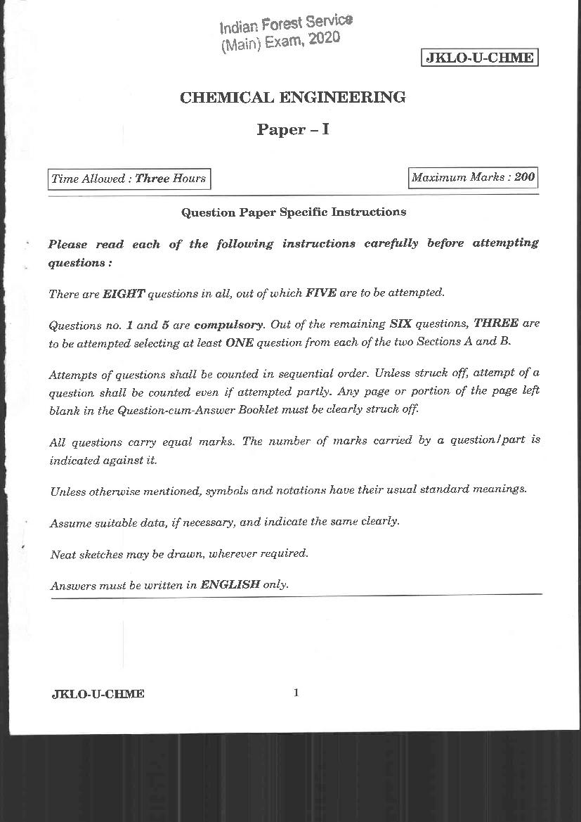 UPSC IFS 2020 Question Paper for Chemical Engineering Paper I - Page 1