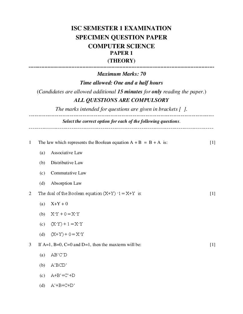 ISC Class 12 Specimen Paper 2022  Computer Science Semester 1 - Page 1