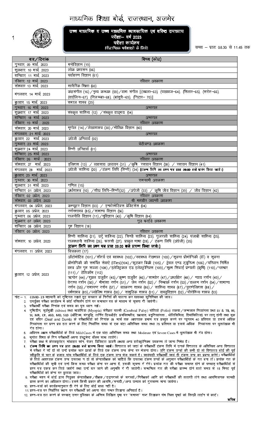 RBSE Class 12th Time Table 2023 (Revised) - Page 1