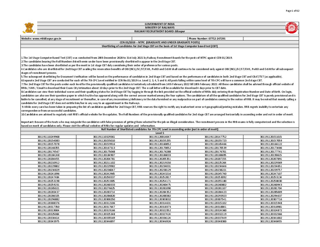 RRB Bilaspur NTPC CBT 1 Result 2022 Level 5 - Page 1