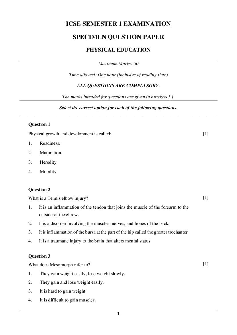 ICSE Class 10 Specimen Paper 2022  Physical Education Semester 1 - Page 1