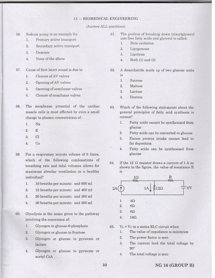 TANCET 2016 Question Paper for Biomedical Engineering - Page 1