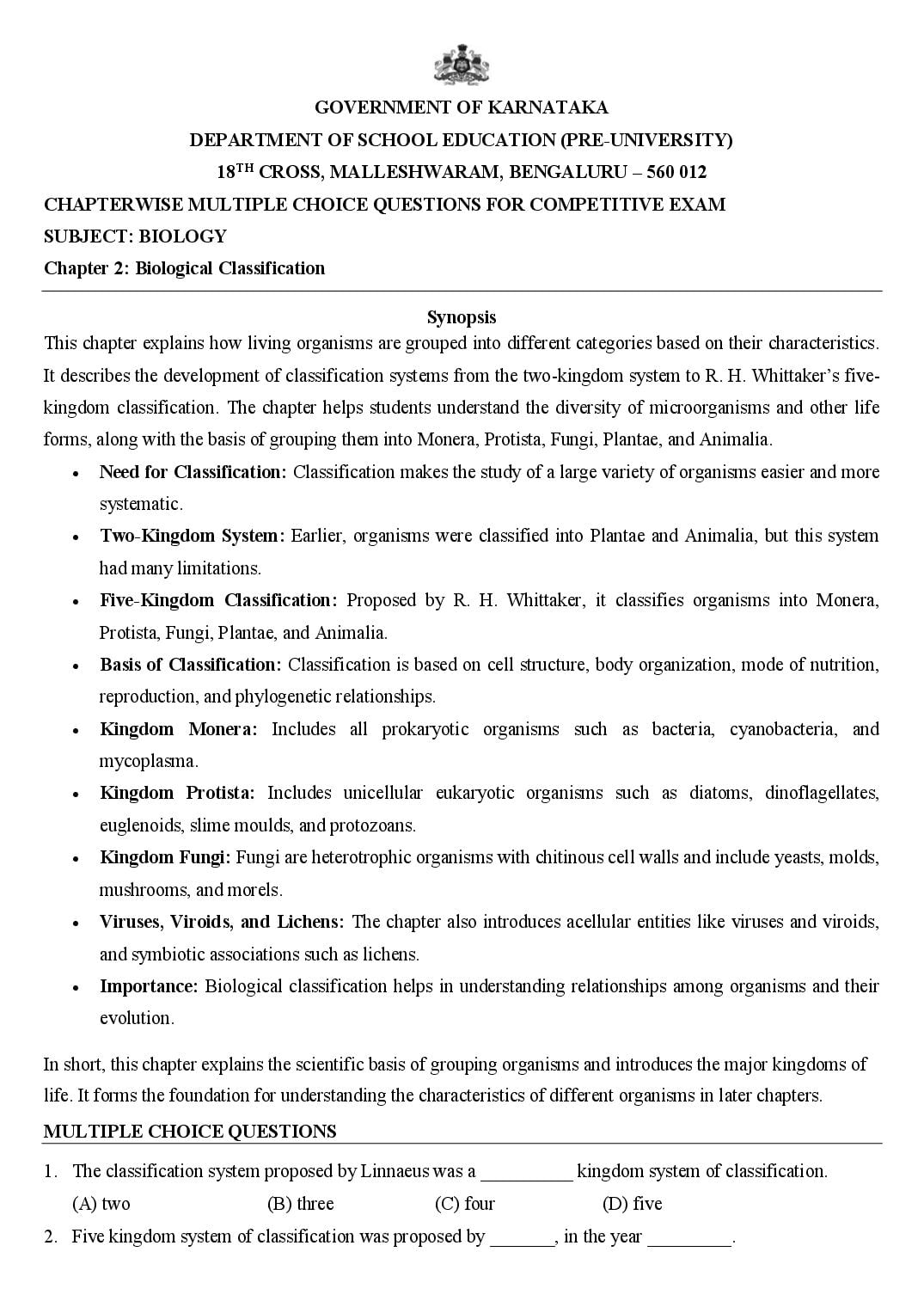 Karnataka 1st PUC Biology Biological Classification MCQ with Answers - Page 1 of 9
