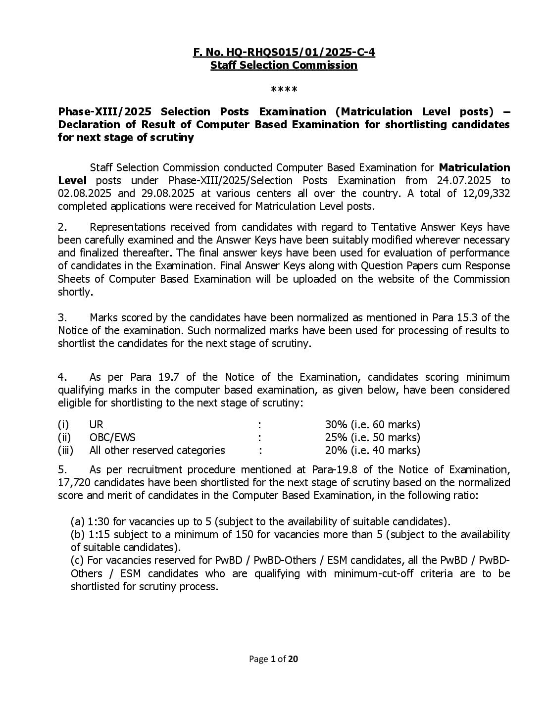 SSC Selection Post 2025 Cut Off Phase 13 Matriculation - Page 1 of 20