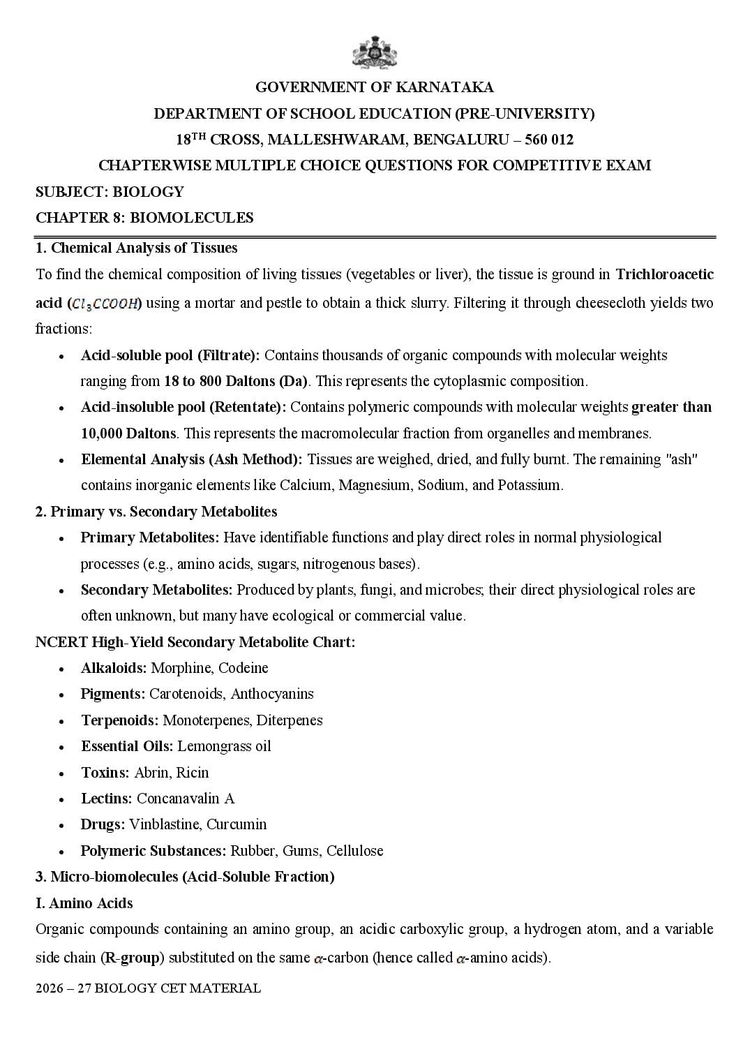 Karnataka 1st PUC Biology Biomolecules MCQ with Answers - Page 1 of 11