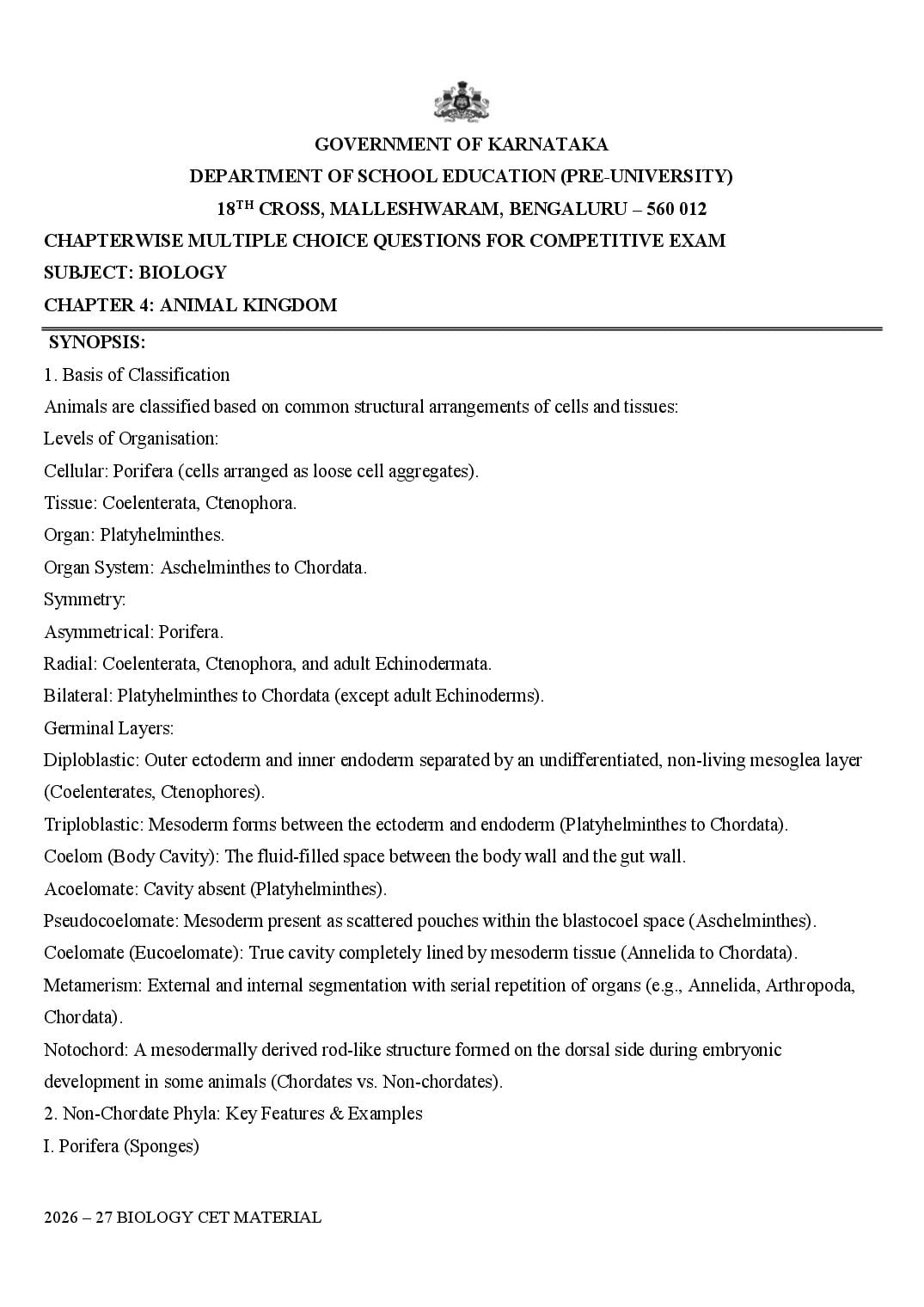 Karnataka 1st PUC Biology Animal Kingdom MCQ with Answers - Page 1 of 21