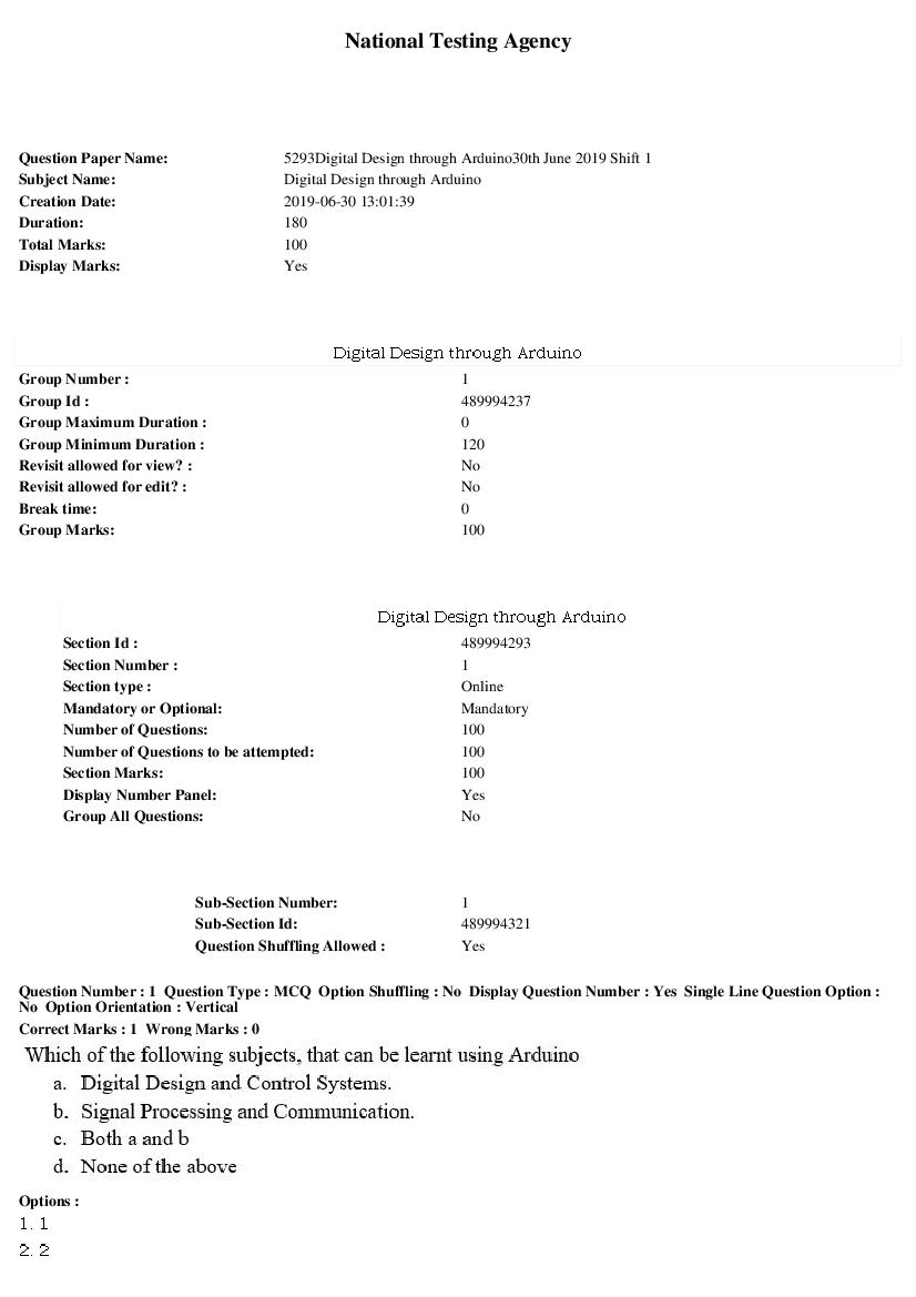ARPIT 2019 Question Paper for Digital Design through Arduino Shift 1 - Page 1 of 36