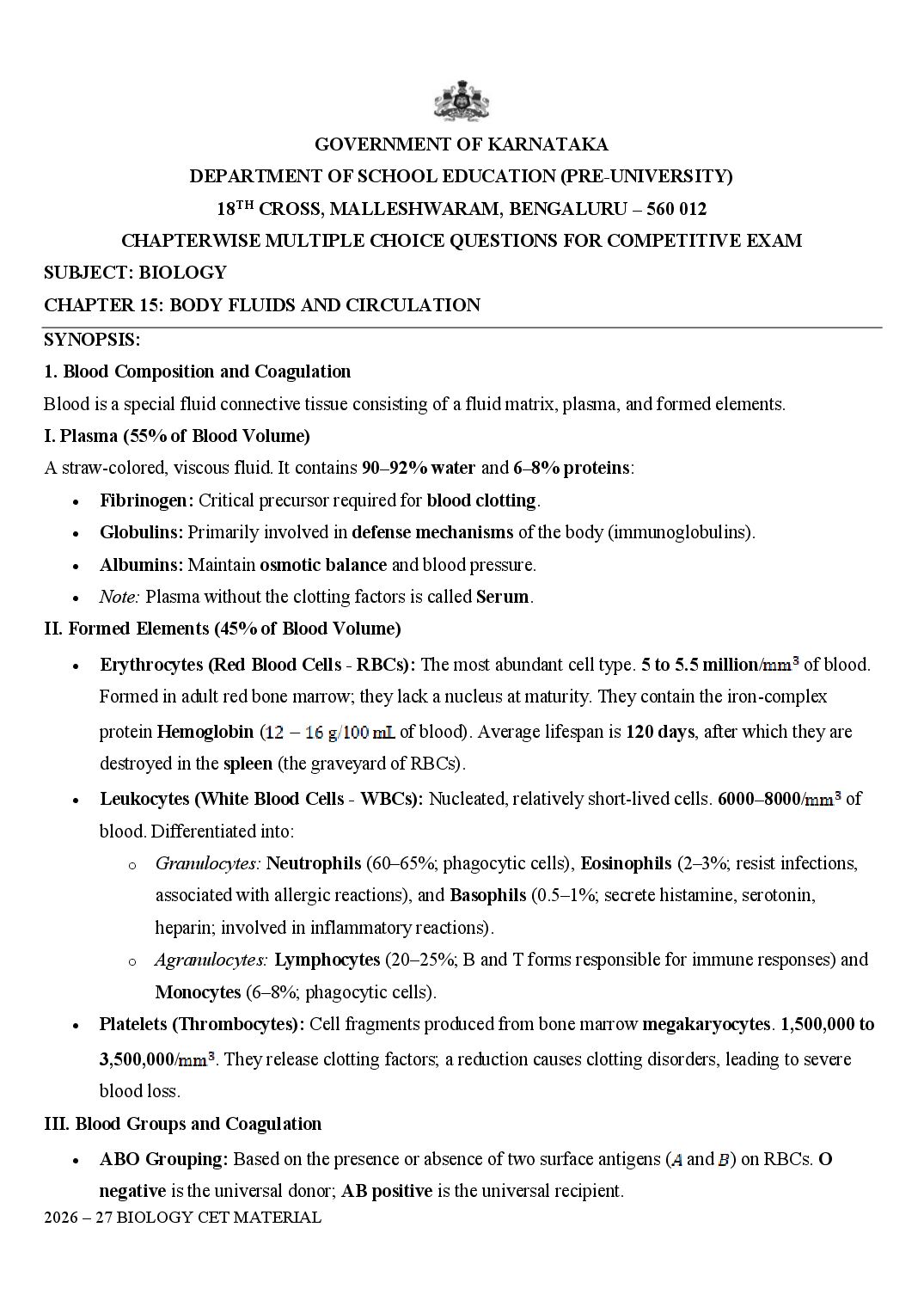 Karnataka 1st PUC Biology Body Fluids and Circulation MCQ with Answers - Page 1 of 23