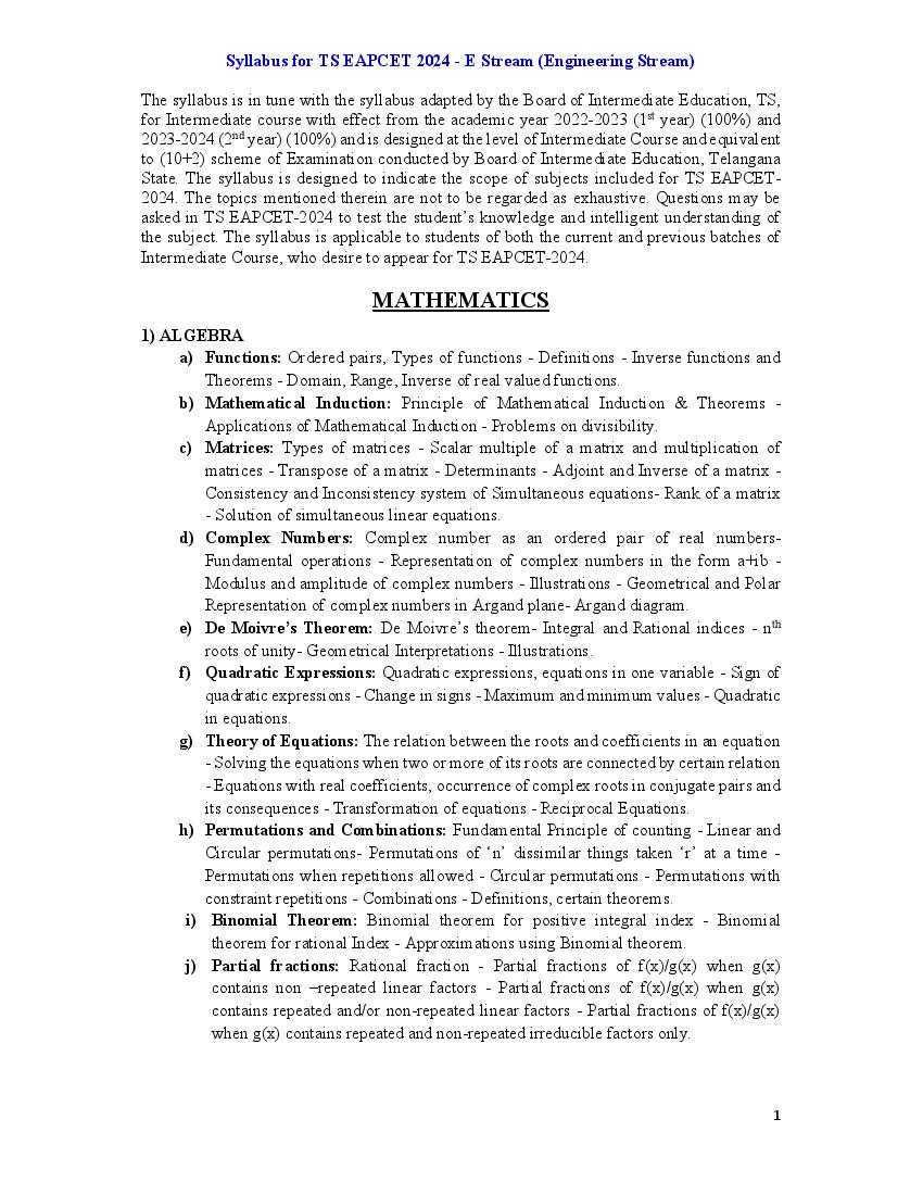 TS EAMCET 2024 Syllabus Engineering - Page 1