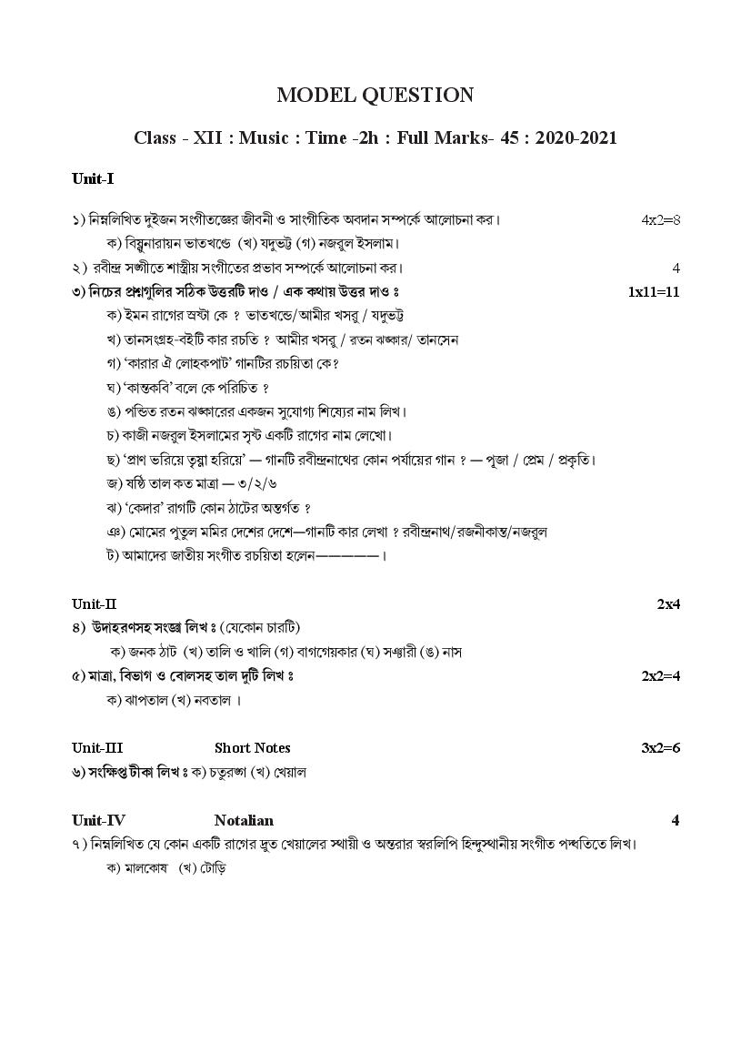 TBSE Class 12 Model Question Paper 2021 Music - Page 1