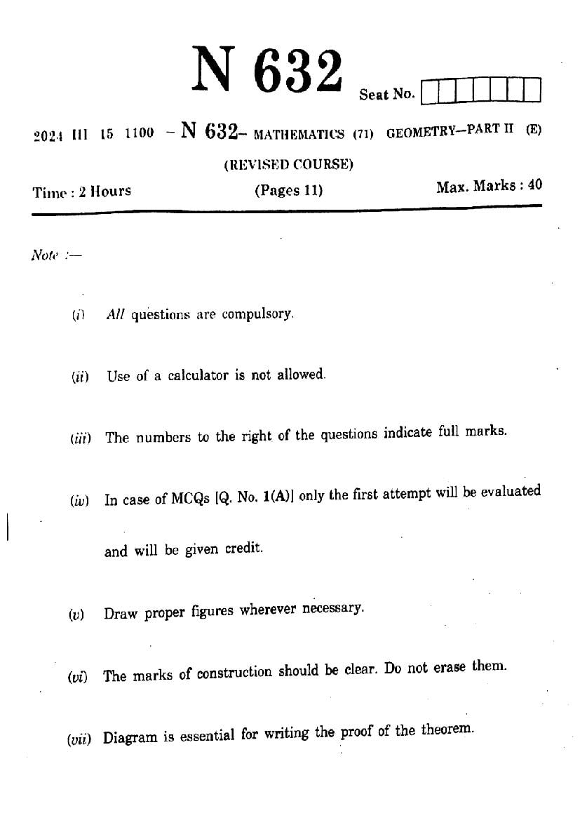 ssc board question paper 2024 maths 2