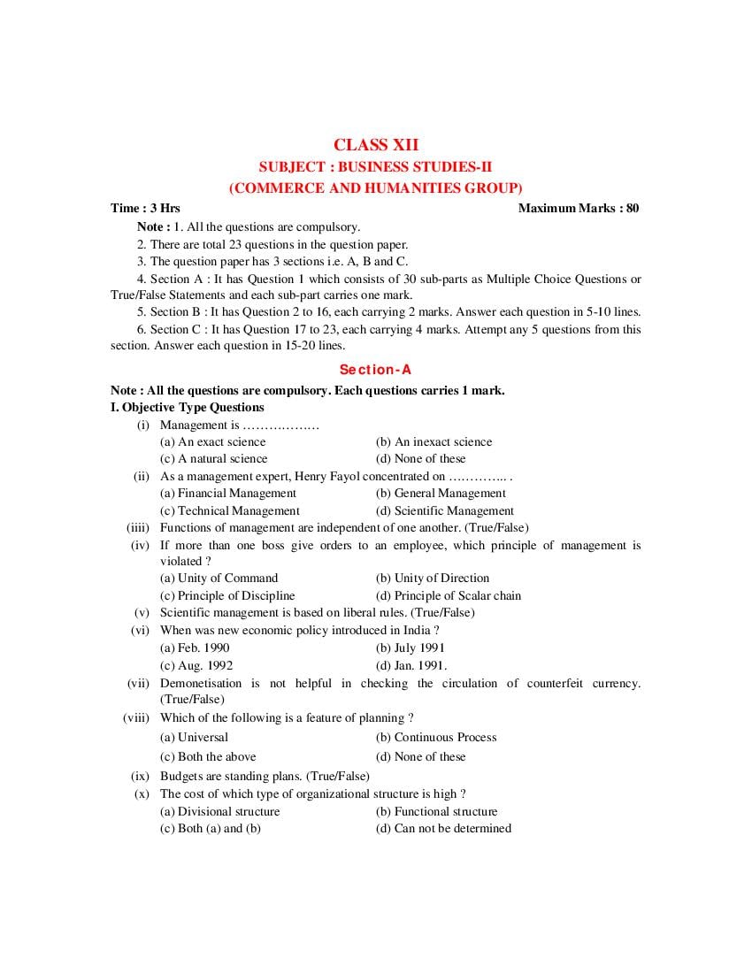 PSEB 12th Model Test Paper 2023 Business Studies - Page 1