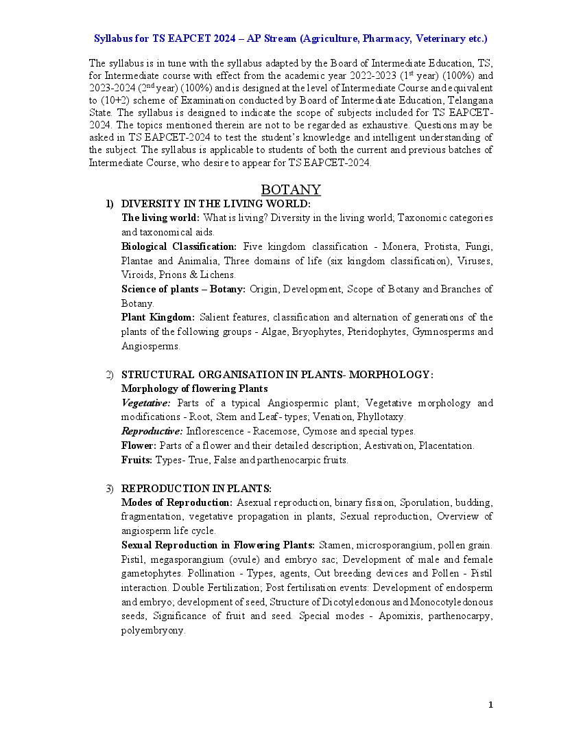 TS EAMCET 2024 Syllabus Agriculture and Pharmacy - Page 1