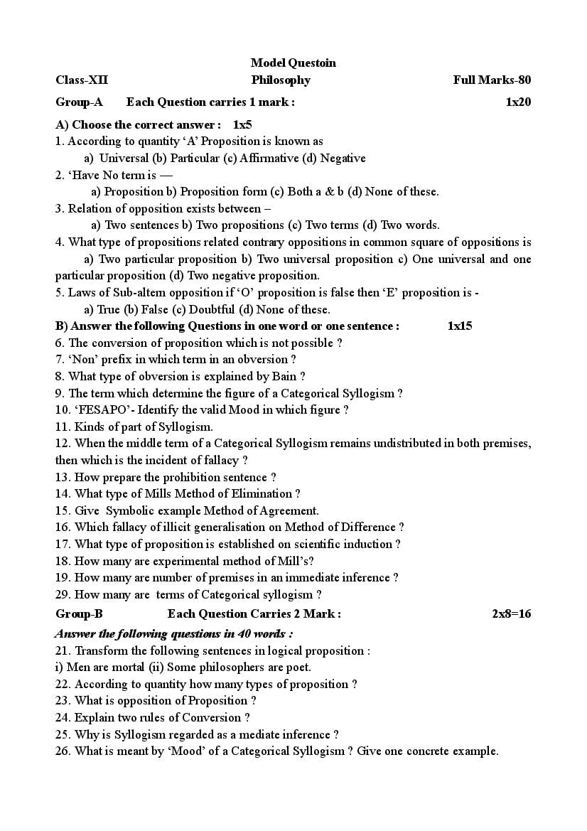 TBSE Class 12 Model Question Paper 2021 for Philosophy – Download ...