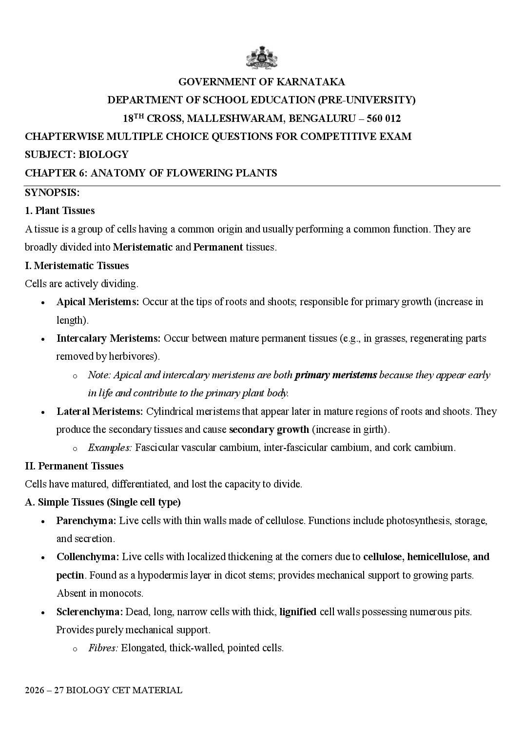 Karnataka 1st PUC Biology Anatomy of Flowering Plants MCQ with Answers - Page 1 of 30