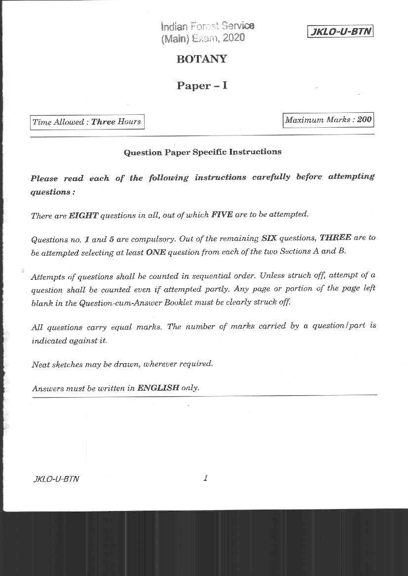 UPSC IFS 2020 Question Paper for Botany Paper I - Page 1