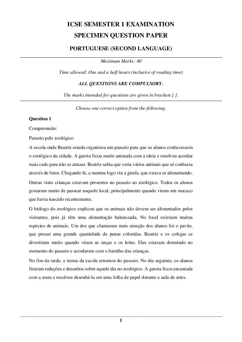 ICSE Class 10 Specimen Paper 2022  Portugese Semester 1 - Page 1