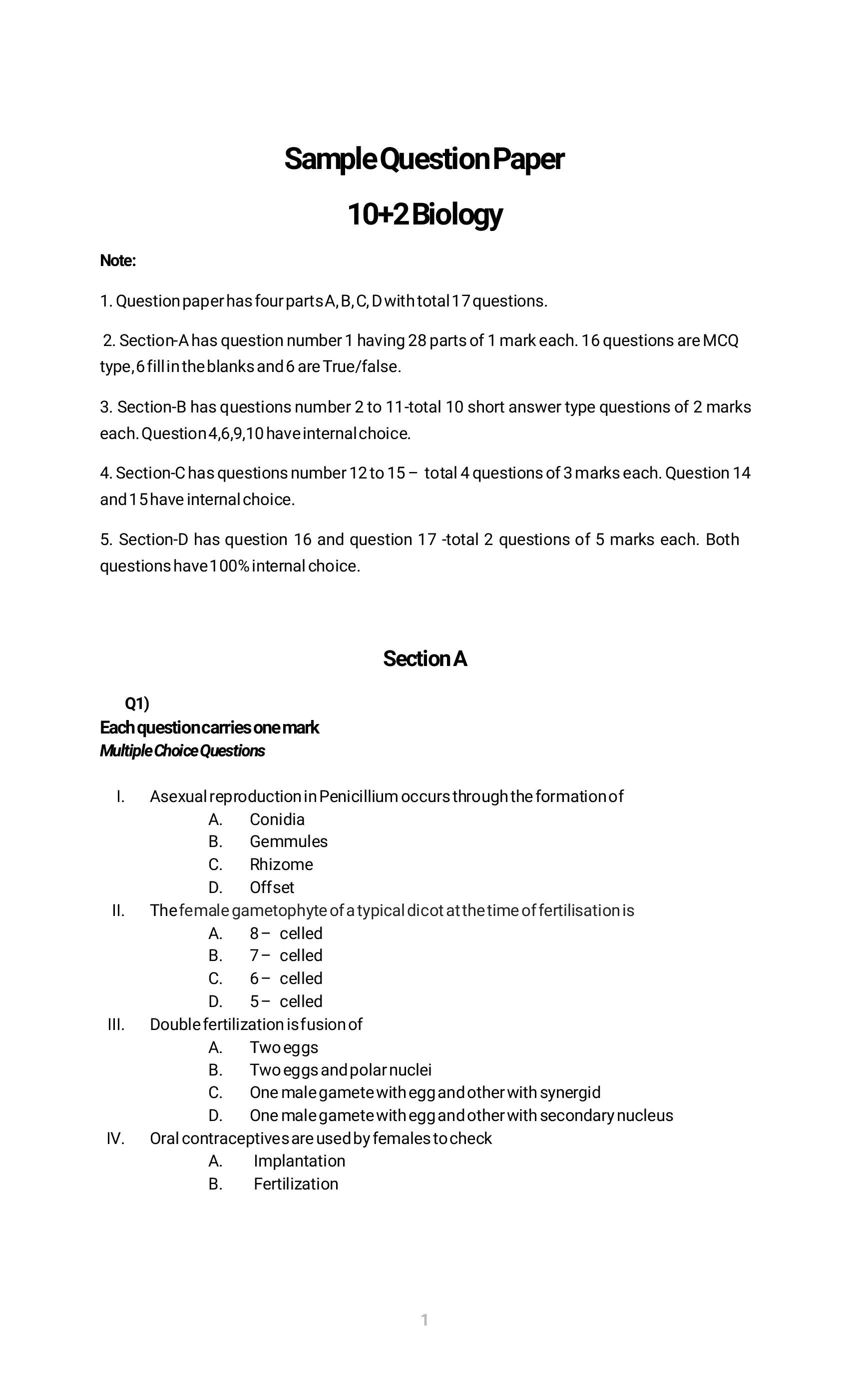 PSEB 12th Model Test Paper 2023 Biology - Page 1