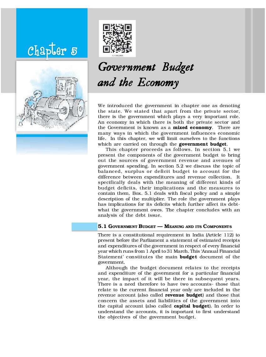 NCERT Book Class 12 Economics (Macroeconomics) Chapter 5 Government Budget and The Economy - Page 1