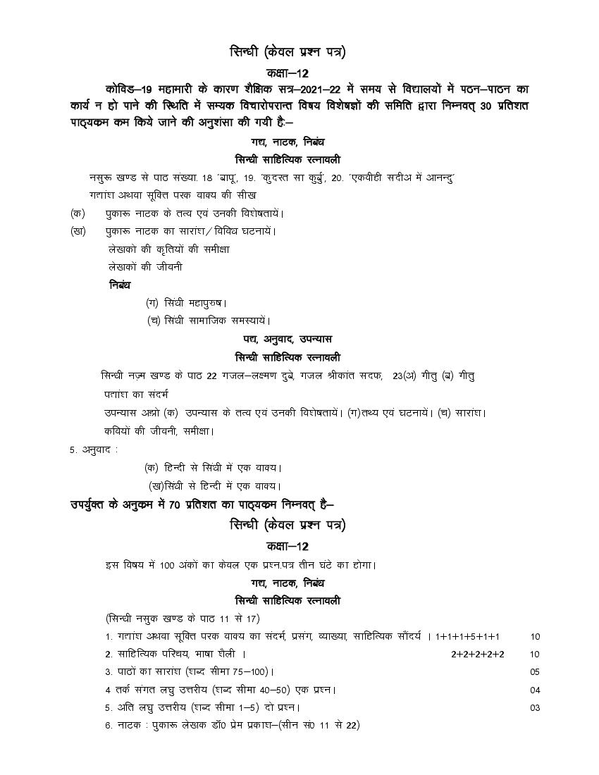 UP Board Class 12 Syllabus 2022 Sindhi - Page 1