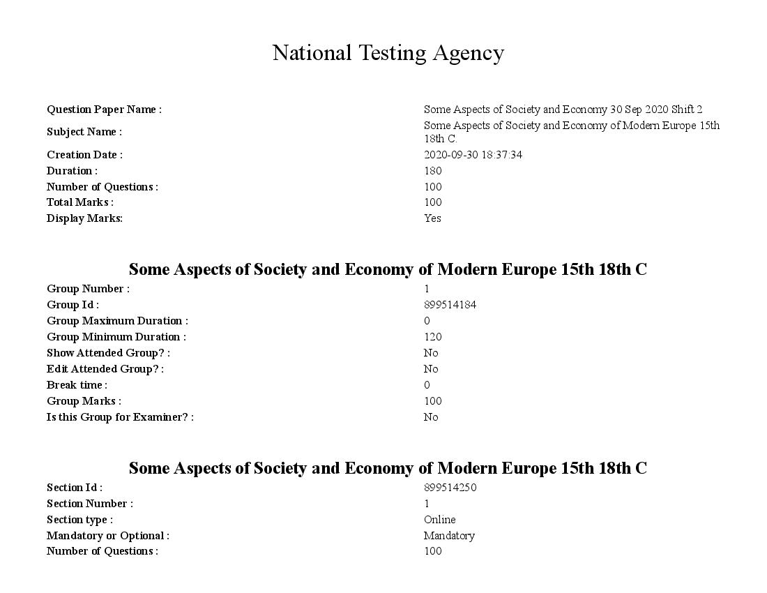 SWAYAM 2020 Question Paper Some Aspects of Society and Economy of Modern Europe 15th -18th C. - Page 1 of 42