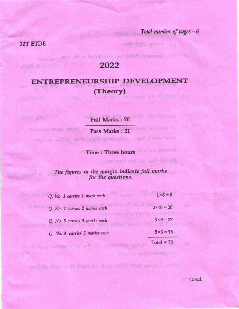 AHSEC HS 2nd Year Question Paper 2022 Entrepreneurship - Page 1