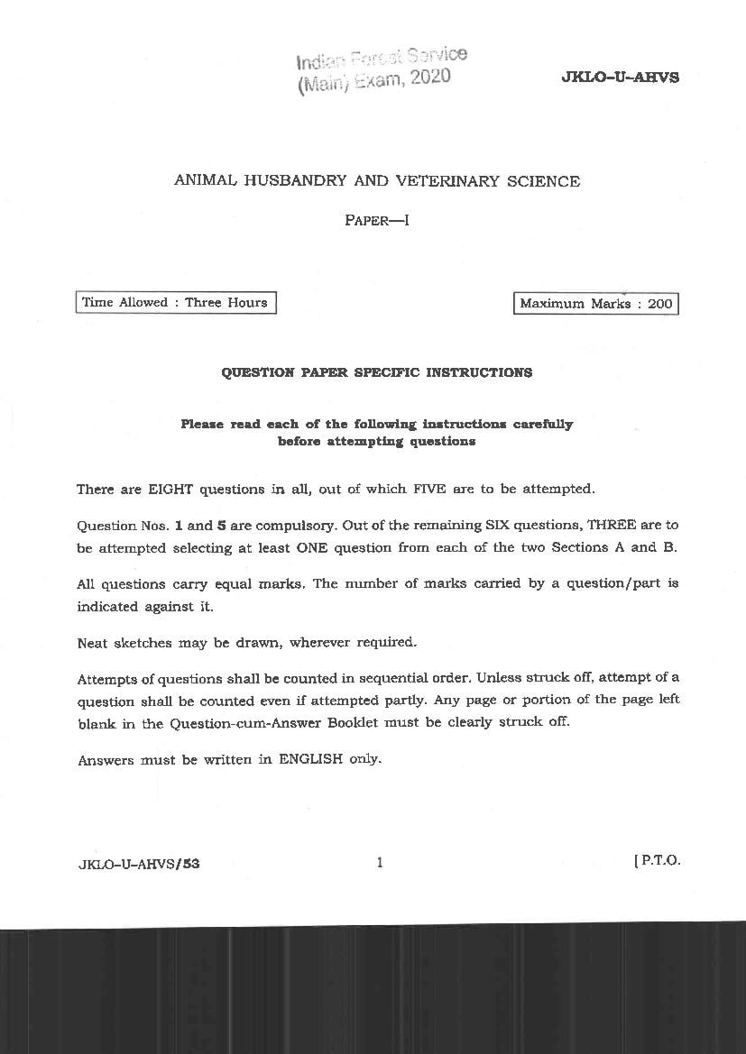 UPSC IFS 2020 Question Paper for Animal Husbandary and Veterinary Science Paper I - Page 1