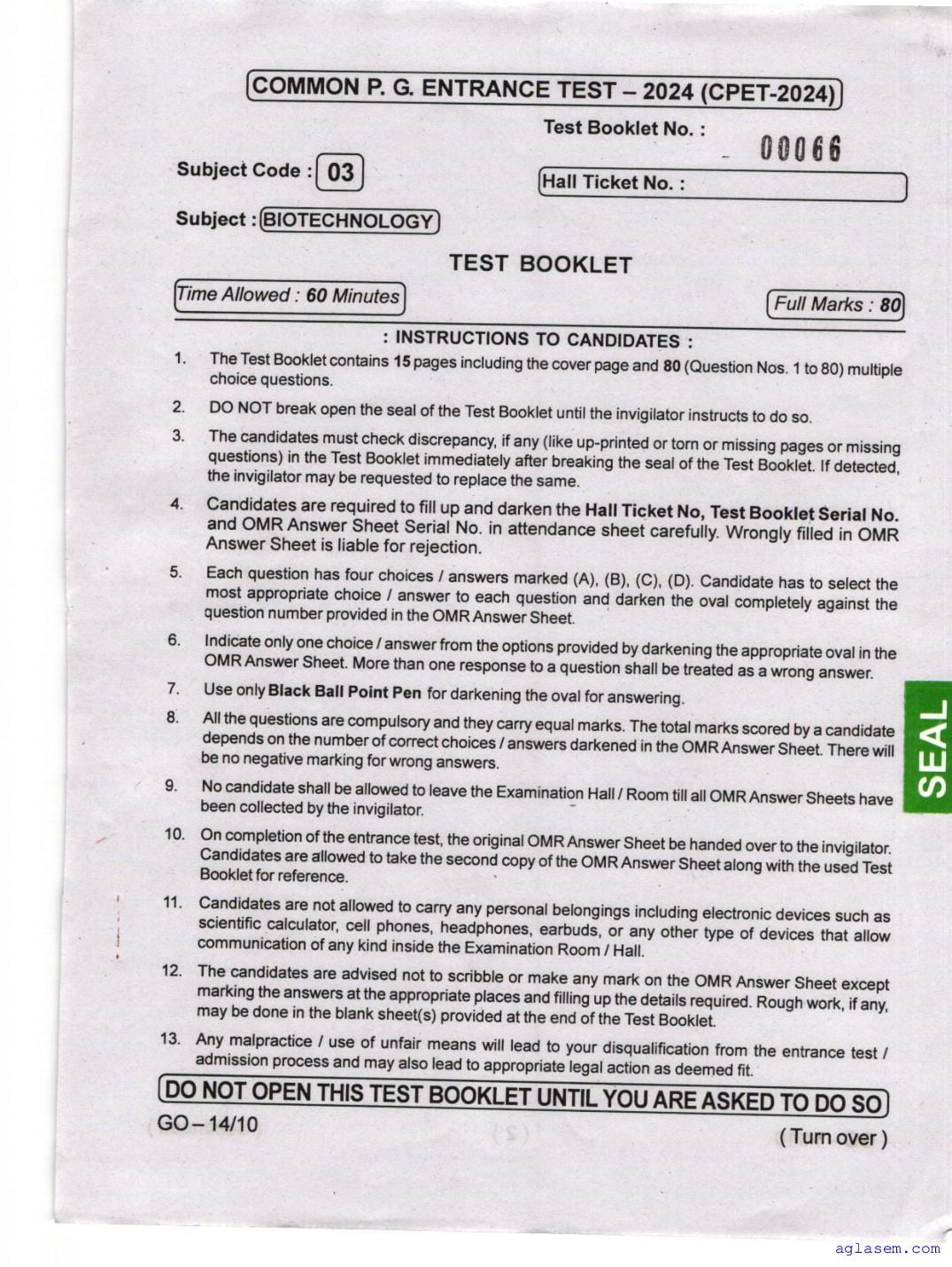 Odisha CPET 2024 Question Paper Biotechnology - Page 1 of 16