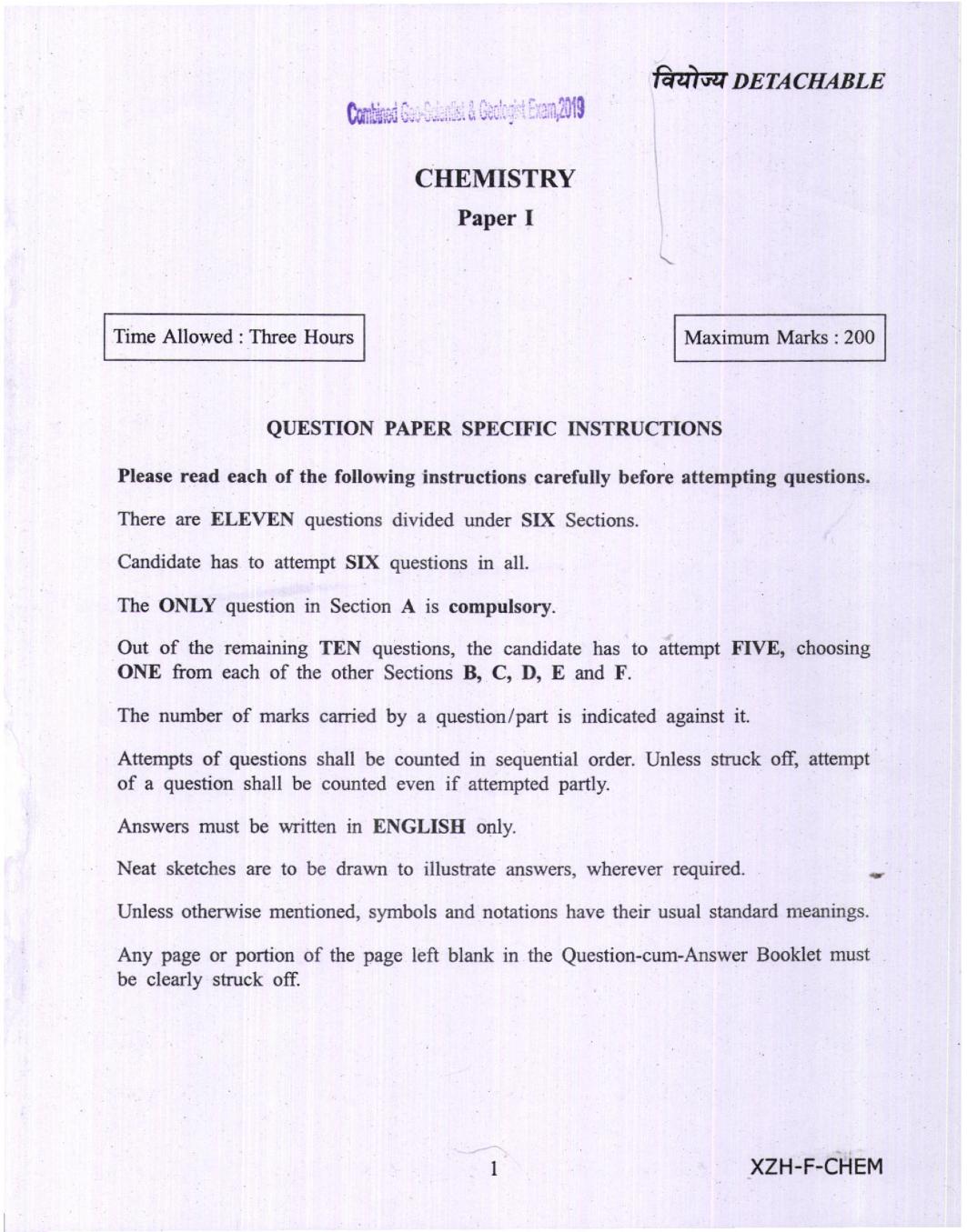 UPSC CGGE 2019 Question Paper Chemistry Paper I - Page 1