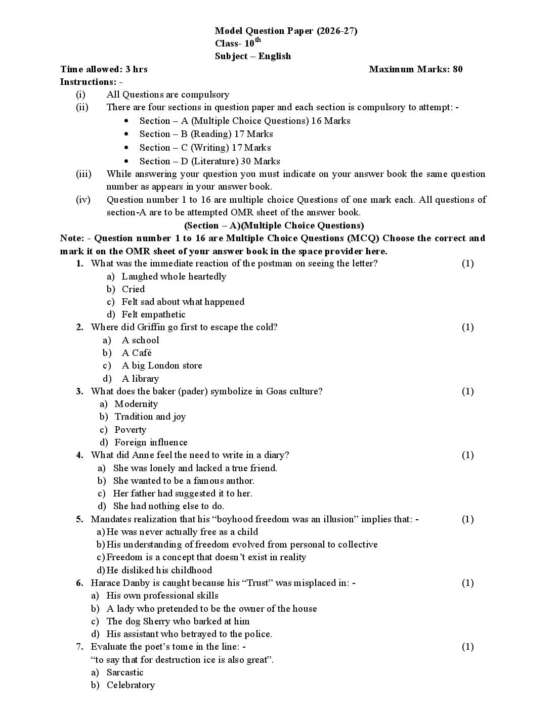 HP Board 10th Class Model Question Paper 2027 English - Page 1 of 9